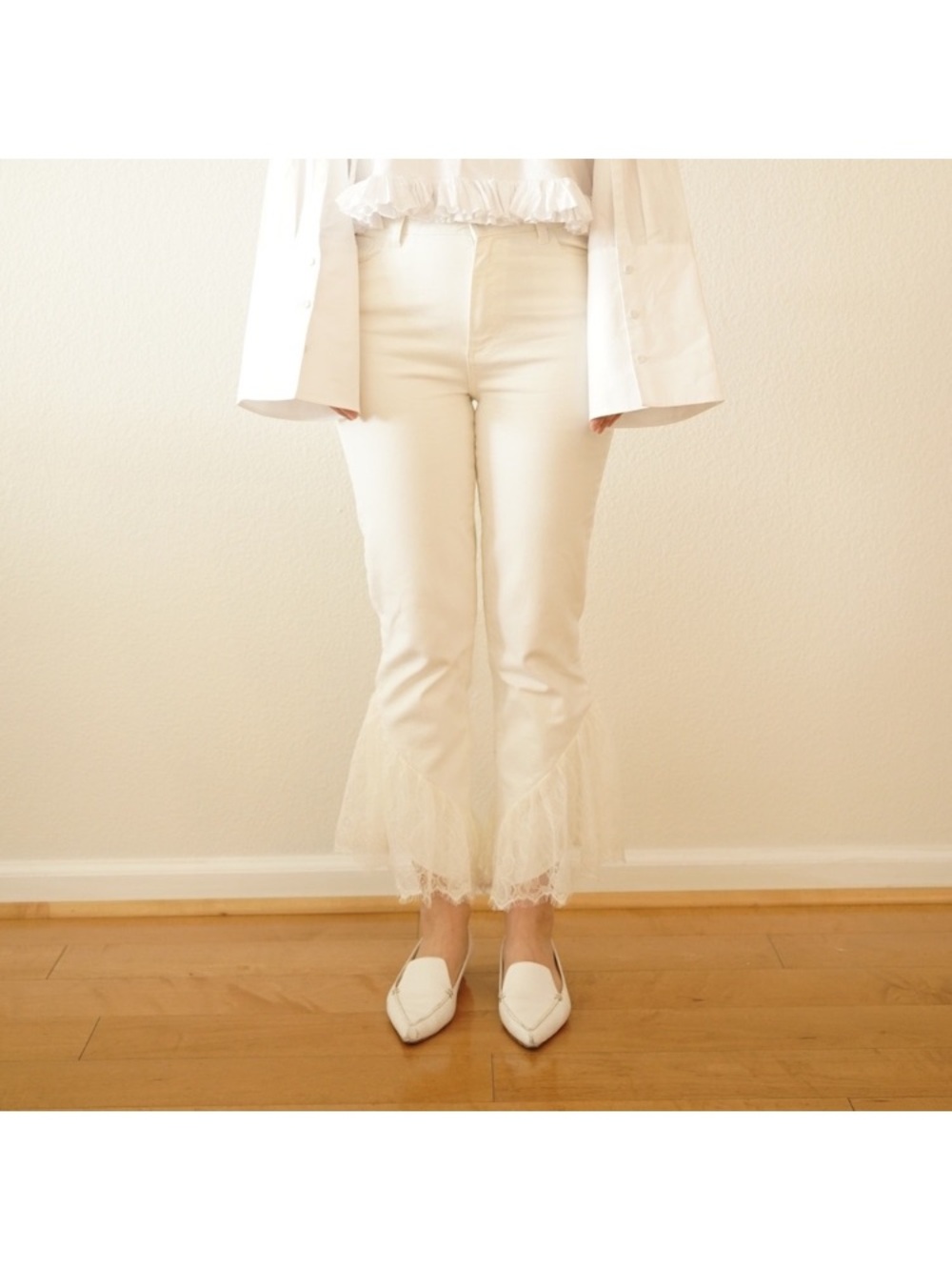 PAIGE white Lace-Hem Wide Leg Jeans